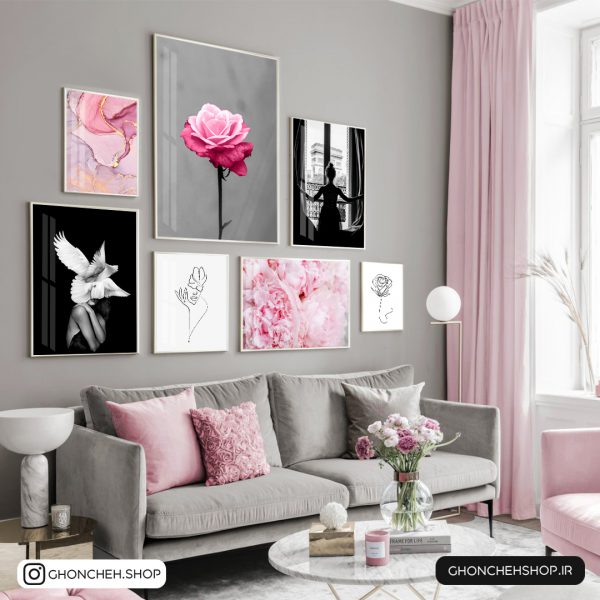 تابلو 7 تکه فوق العاده جذاب طوسی، مشکی و صورتی کد 0312 - تصویر 1