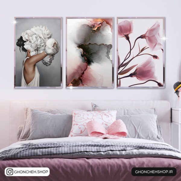 0377 تابلو سه تکه طوسی صورتی کد 0377 - تصویر 1