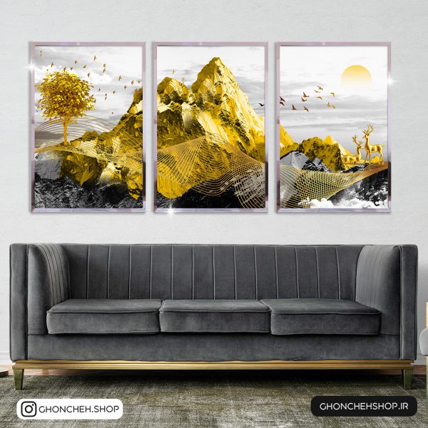 تابلو سه تکه طوسی و طلایی کد 0380 - تصویر 1