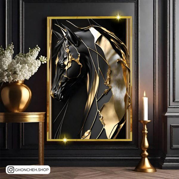 تابلو اسب مشکی طلایی کد 0532 - تصویر 1